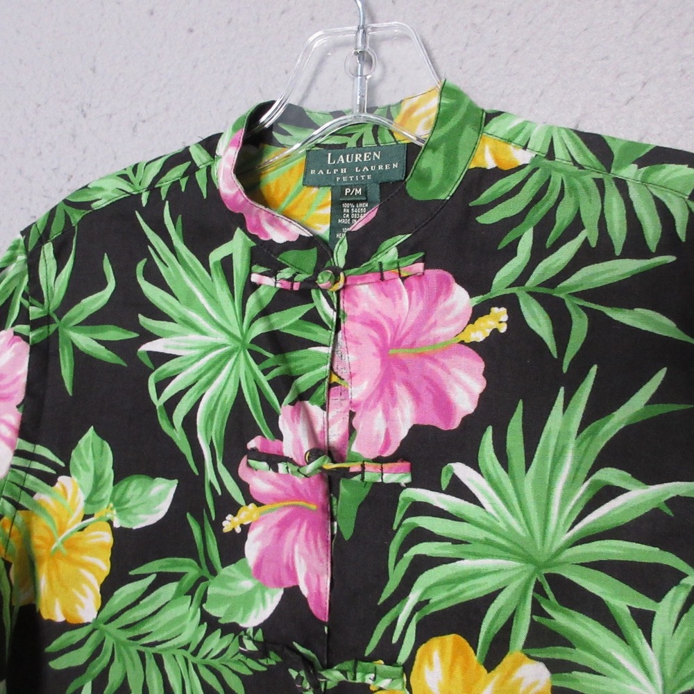 Vintage Lauren Ralph Lauren Shirt PM Linen Tropical Floral Mandarin Collar 90s